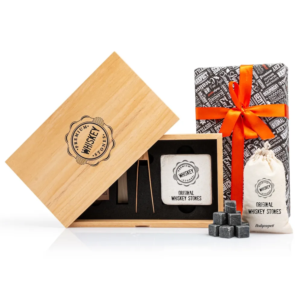 Wood Boxed Whisky Cooling Block Set (12'li natural Whisky Stone)