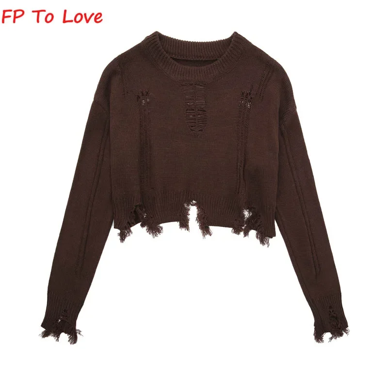 OOTD Tassel Hollow Out Sweater Pullover Beige Woman Knitted Outwears Elegant Grey Female Brown White PB&ZA