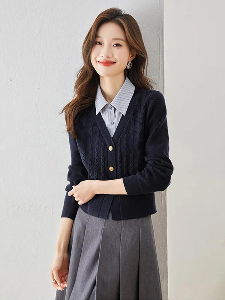 

Модный вязаный свитер с длинными рукавами для женщин, осенне-зимняя новинка, в стиле колледж, женский топ с эффектом двухслойности, премиум-класс