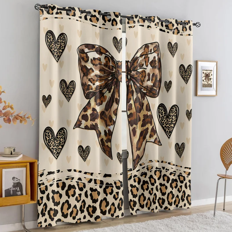 2Pc Leopard Bow and Heart Print Curtains Light Blocking Curtains Decorative Drapes for Bedroom Living Room