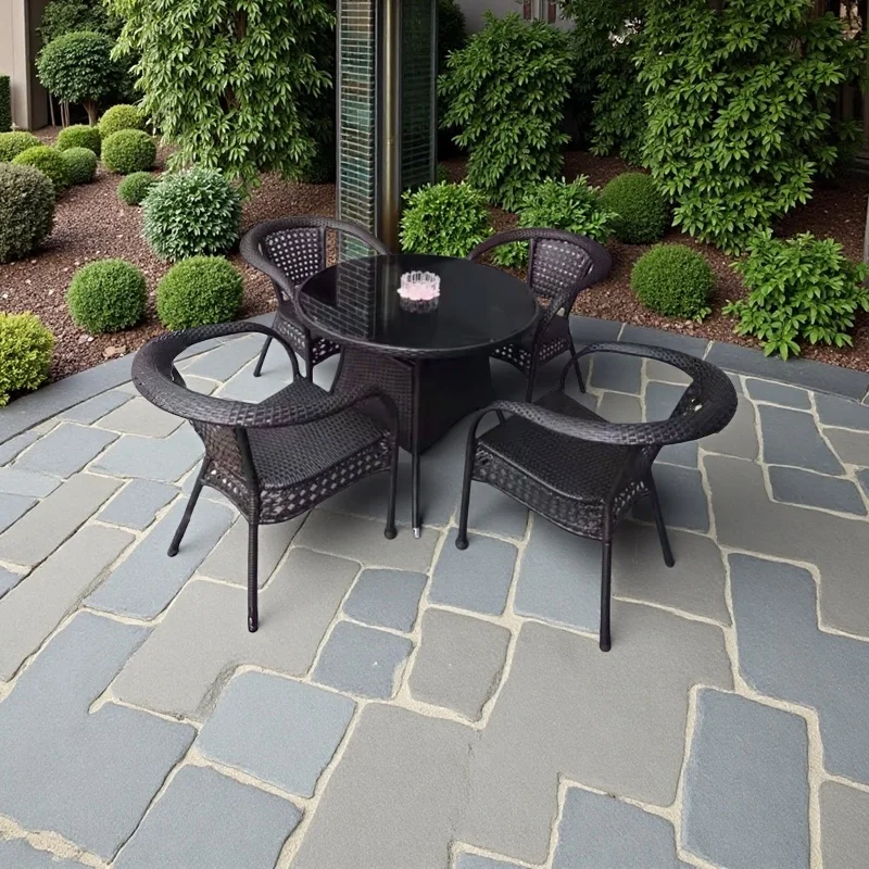 مجموعة أثاث خارجي كرسي بذراعين منسوج من الخيزران لحديقة الشرفة كرسي طعام أبيض