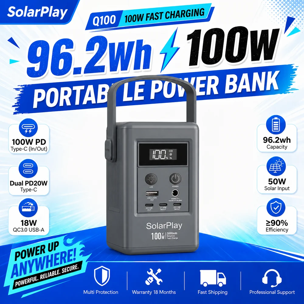 Générateur solaire SOLARPLAY Q100 léger de 100 W avec une batterie Li-ion de 96,2 Wh, banque d'alimentation compacte pour les aventures en plein air, la randonnée et les situations d'urgence