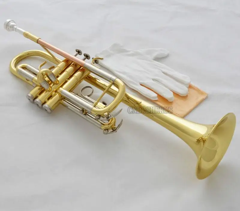 High quality Gold Lacquered C Key Trumpet Horn cupronickel tuning pipe With Case Mouthpiece