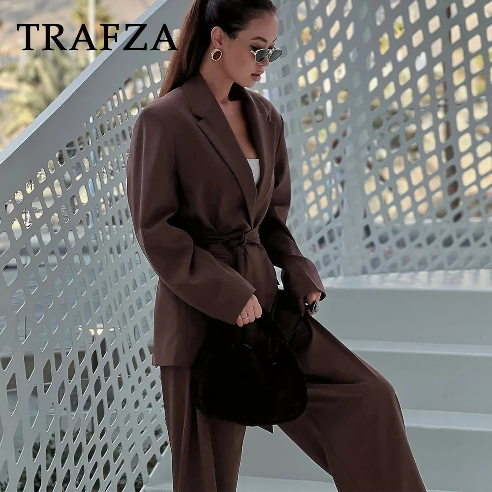 TRAFZA 2025 printemps été bureau dame élégant solide femmes costume mode ceintures décontractées droite haussement d'épaules Blazer Chic fermeture éclair pantalon Long