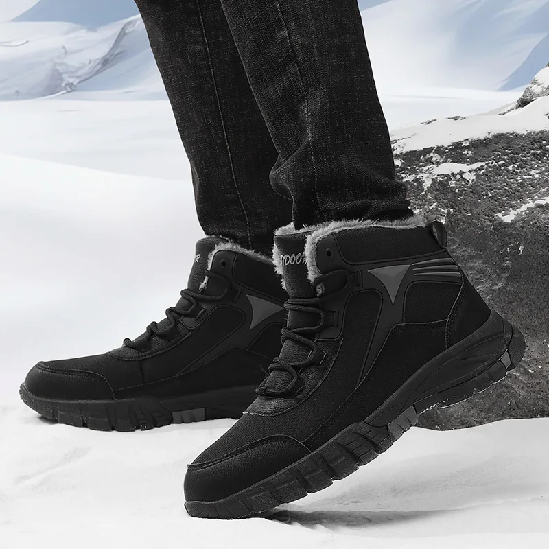 Botas de nieve cálidas para hombre, zapatos de felpa, zapatillas de senderismo de cuero impermeables, informales, a la moda, invierno, 2023