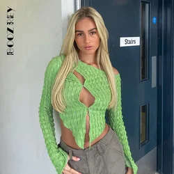 BoozRey Women's Summer Irregular Long Sleeve Hollow Casual Top Sexy Green Folds Y2k Tops T Shirt Skew Collar Streetwear Tees