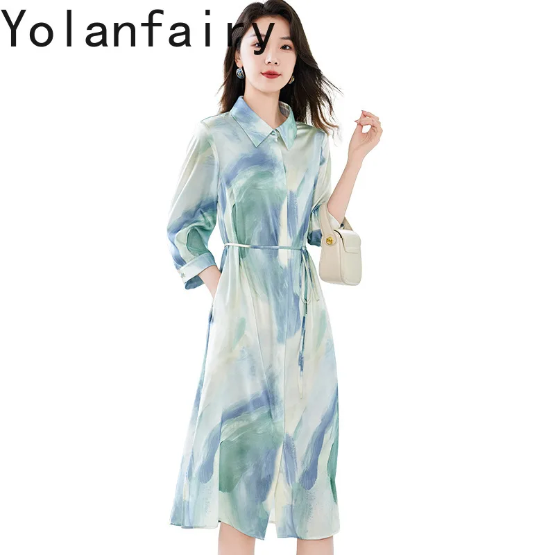 

YOLANFAIRY 91.8% Mulberry Silk Dresses 2025 Woman Polo Collar Landscape Printed Summer Dress Lace-up Office Wear Vestidos Mujer