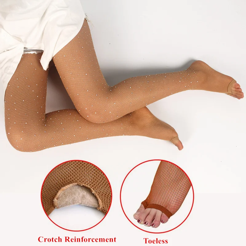 Women Plus Size Professional Latin Dance Tights Elastic Pantyhose Sexy Mesh Fishnet Underwear Glitter Rhinestone Party Stockings