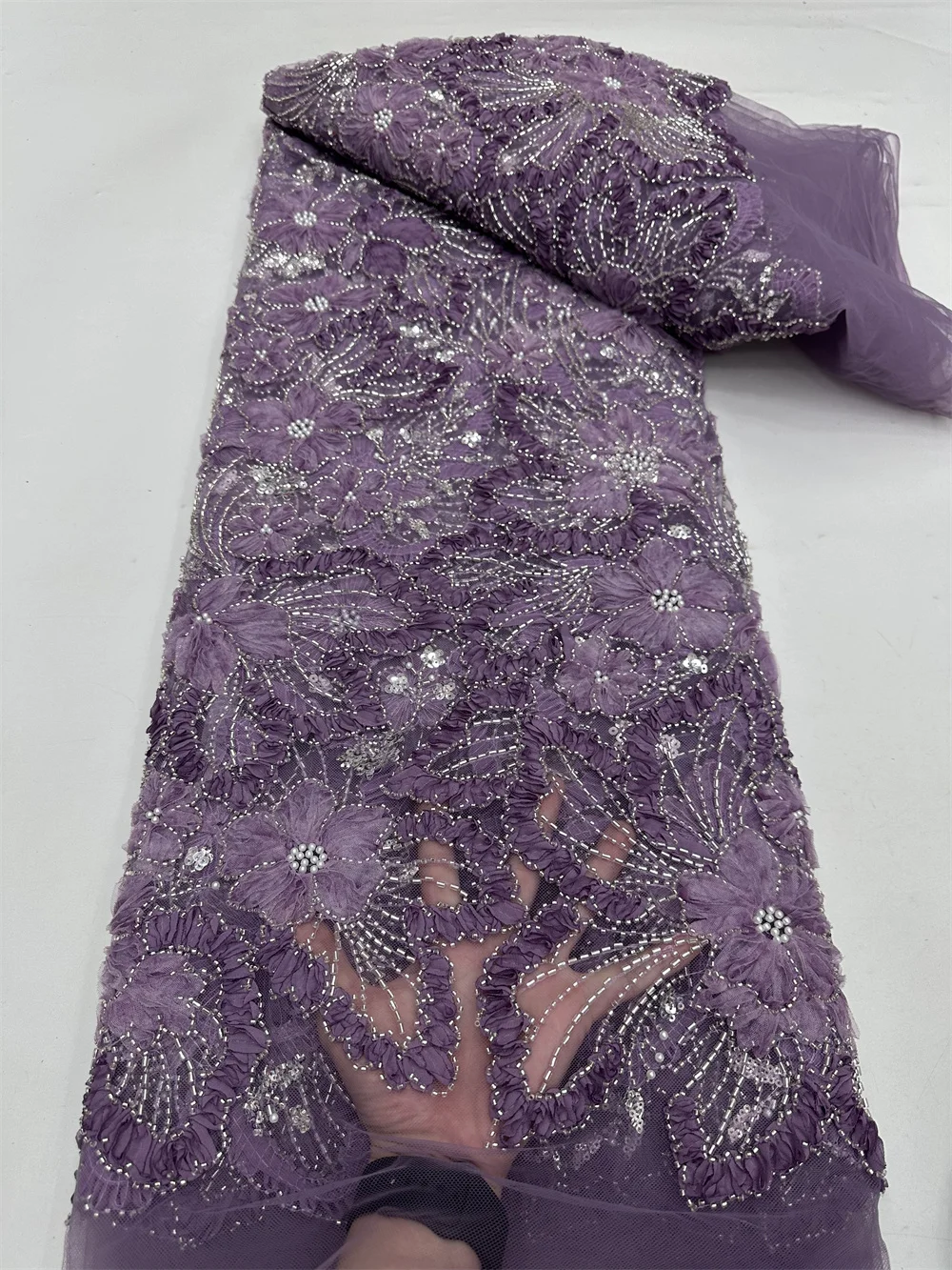 

Luxury Elegant 5 Yards Small Floral African Heavy Beads Sequin Nigerian Gorgeous Sequins Mesh Lace Fabric For Wedding Dresses