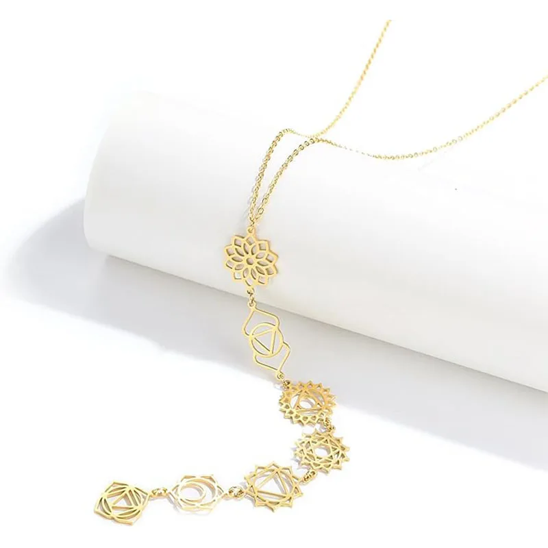 

Kitykiss Stainless Steel Chakra Yoga Energy Hollow Long Pendant Necklace Fashion Unique Yoga Jewelry