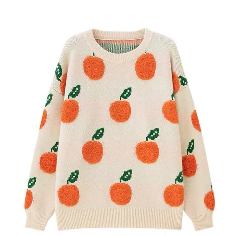 Suéter holgado de color naranja para mujer, suéter bonito con estampado de frutas y naranjas, estilo Kawaii, tendencia de otoño e invierno, 2024