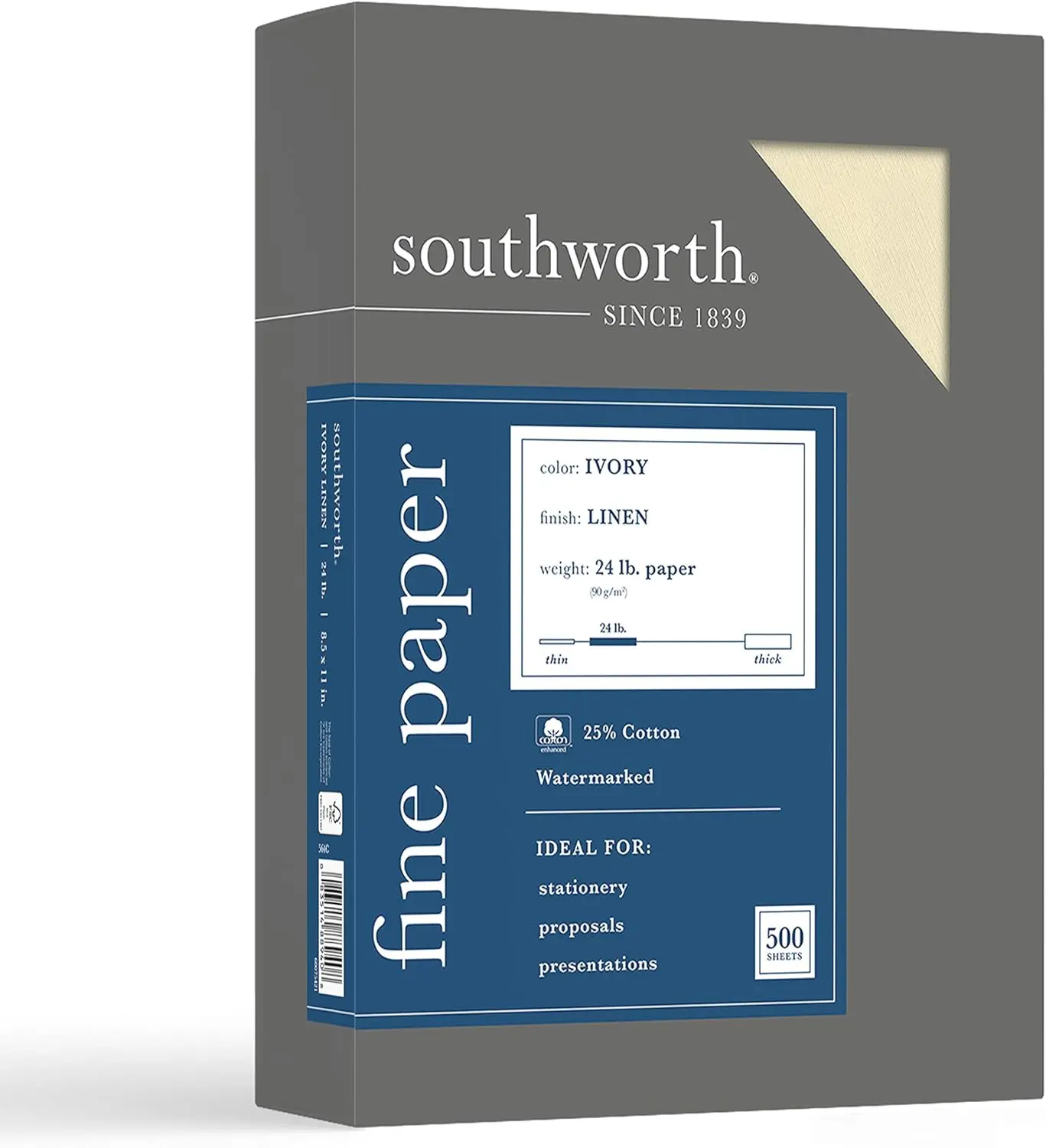 25% Cotton Linen Business Paper Ivory 24 lbs. 8.5x11 500/Box FSC