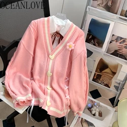 OCEANLOVE Stripes Preppy Style Women Sweaters V Neck Autumn Winter Kawaii Loose Cardigans Sweet Contrast Color Sueteres