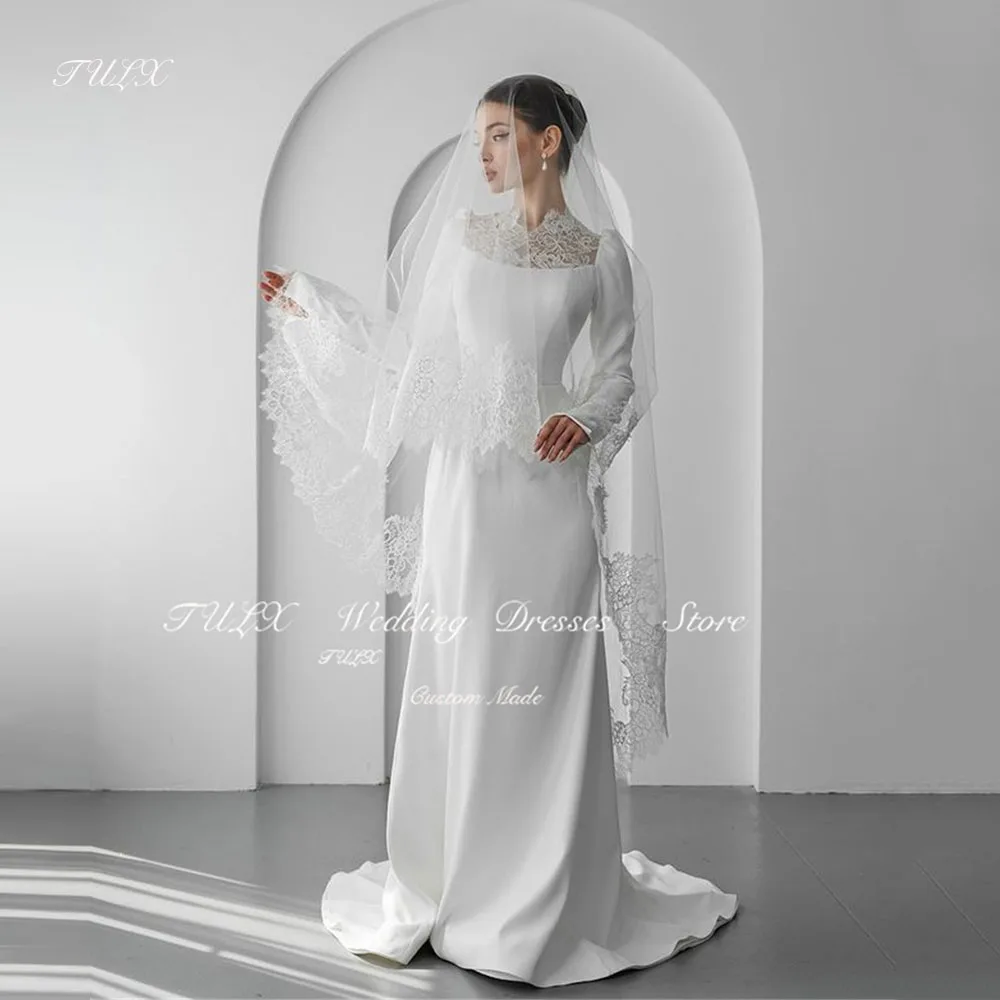 

TULX White Mermaid Wedding Dresses High Neck Appliques Lace Wedding Dress Boho Beach Bridal Gown bestidos de novia Customized
