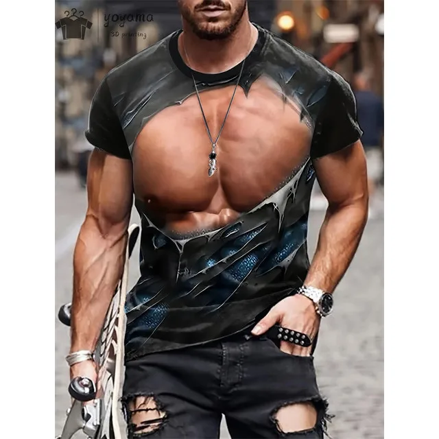 Men Fake Ripped Muscle 3D Print Crew Neck T-Shirt, Optical Illusion Graphic Short Sleeve Tee, Streetwear Casual Summer Top