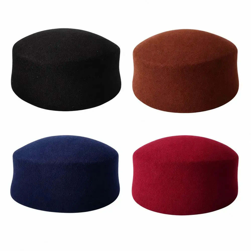 New Wool Wool Pillbox Hat Solid Structured Crown Round Dress Hat Round Shape Vintage Style Painter Hat Women's