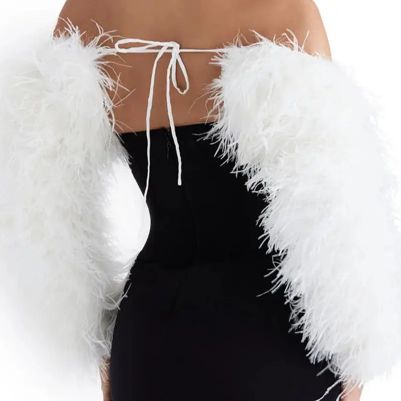 Real Ostrich Feathers Sleeves Decoration Accessory Elegant Women Wedding White Fur Bridal Evening Party Accessories