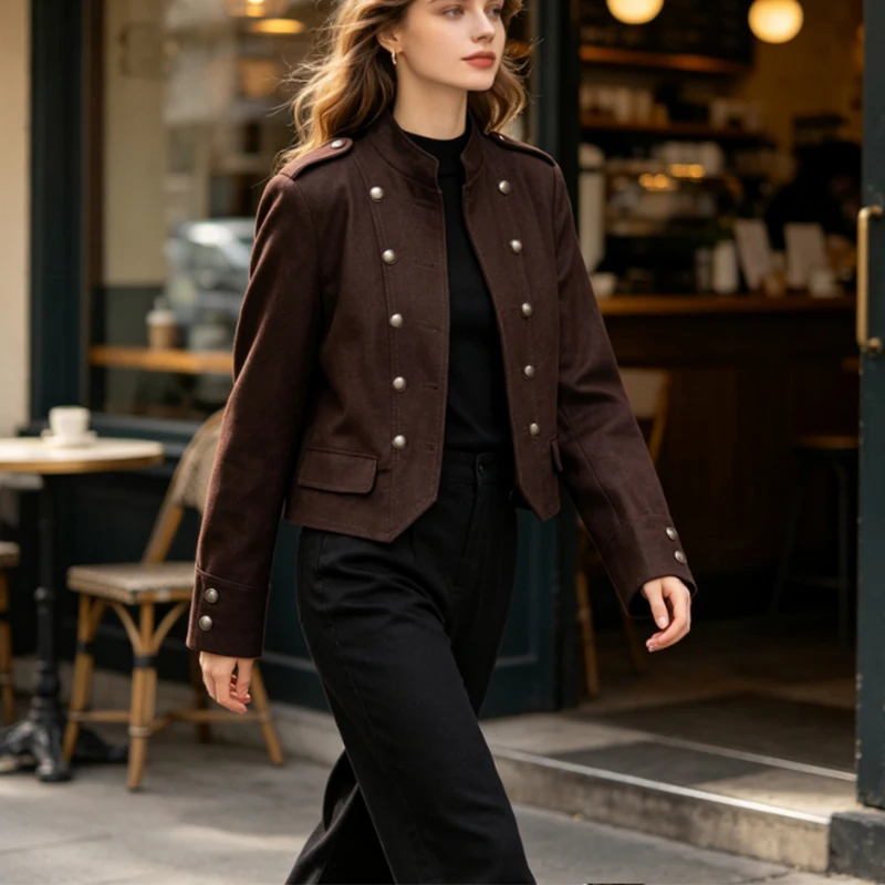 Guobioziy Women's Vintage Short Blazer Jacket Stand Collar  Epaulettes, Double Row Metal Buttons Hem  Long Sleeve Casual Work
