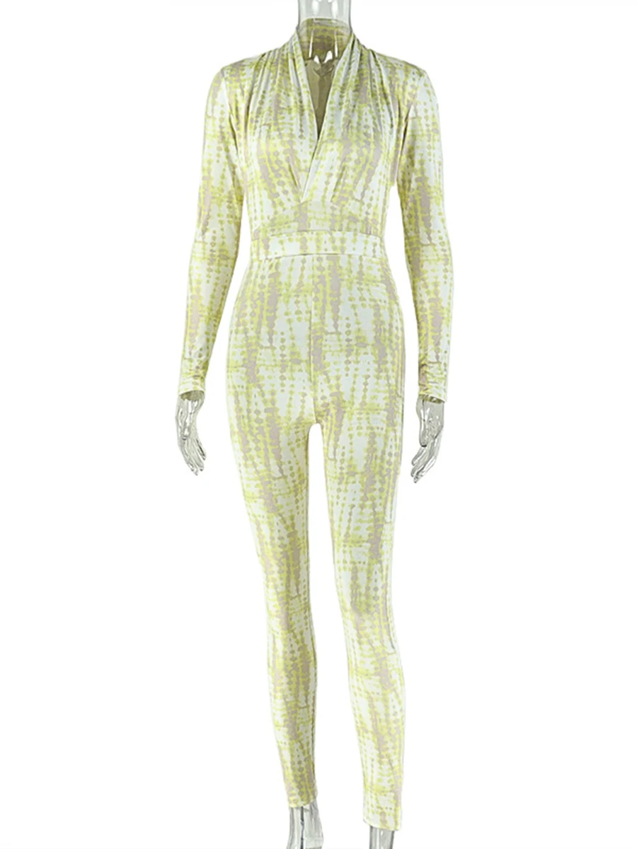 ZIML Hit Color Dot Printing Folds Slimming Elegant Jumpsuit Deep V Neck Long Sleeve Temperament Jumpsuis Female Fashion Style