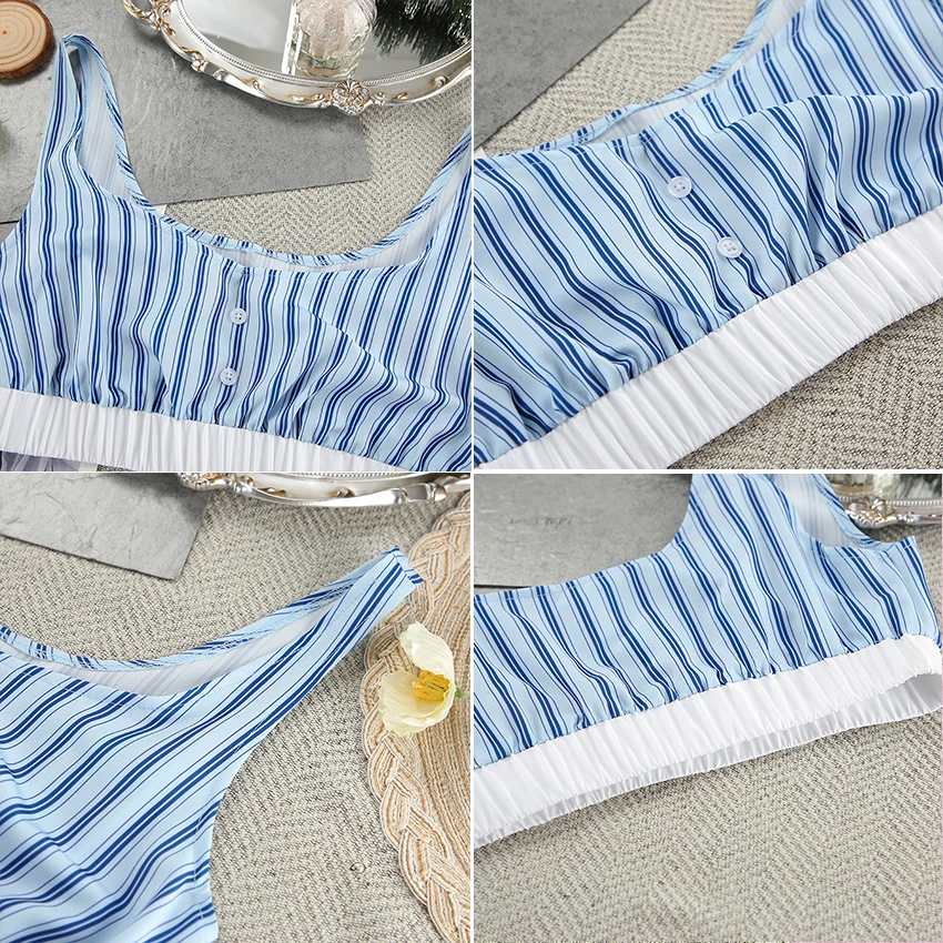 Autumn Blue Striped Cardigan Long-sleeved Tops&Long Pants Trousers Sets 2Pcs Women\'s Pajamas Sleepwear Nightwear Home Clothes