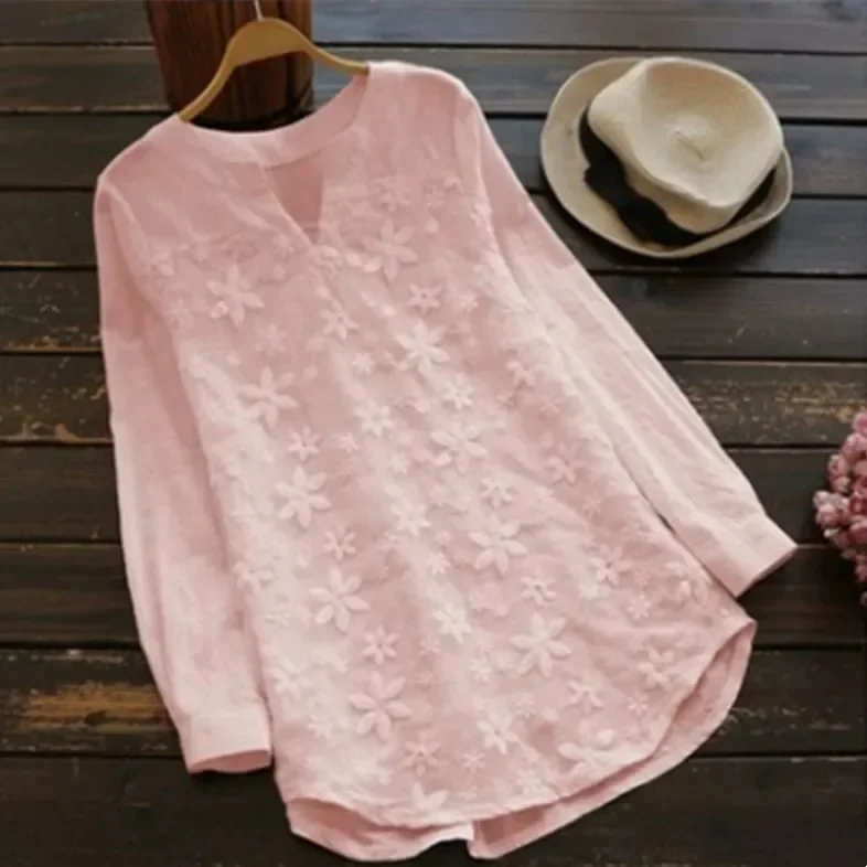 Embroidery Lace Cotton Linen Casual Women Blouse Fashion Loose White Elegant Shirt Plus Size V Neck Tops Long Sleeve S-5XL