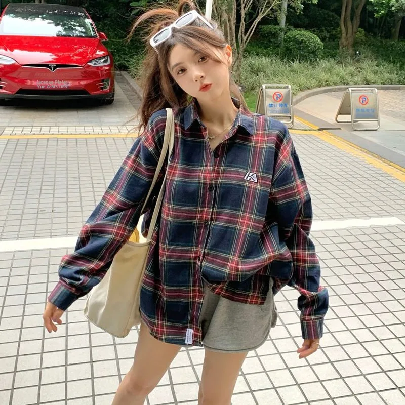 

Элегантная женская рубашка в клетку в британском стиле, оверсайз, с длинными рукавами, защита от солнца, верхняя одежда, повседневная мода, весна-осень