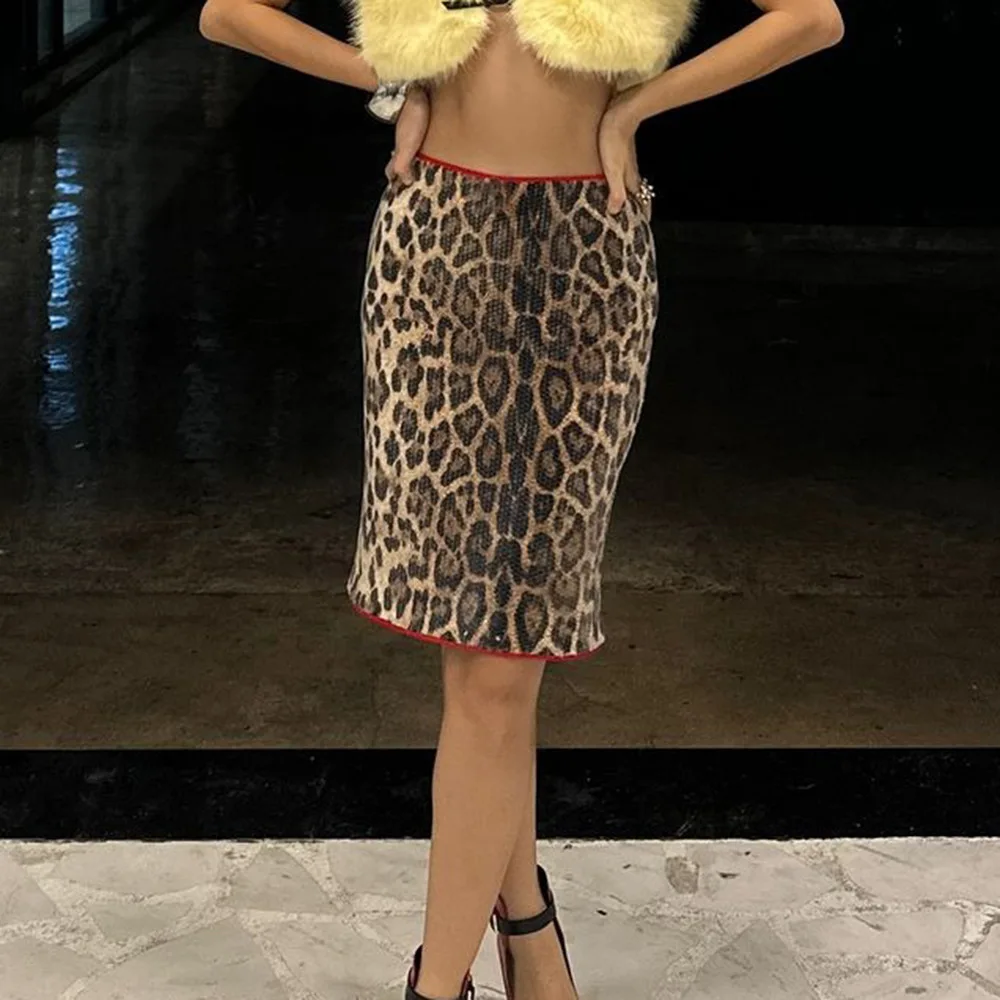 

Gtpdpllt Leopard Print Sequin Skirts Club Wear Sexy Low Waist Midi Skirt Fall 2026 Trending Woman Party Y2K Clothing