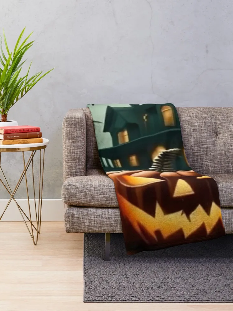 spooky Halloween scene with a haunted house, a glowing jack-o'-lantern, and bats flying overhead Throw Blanket