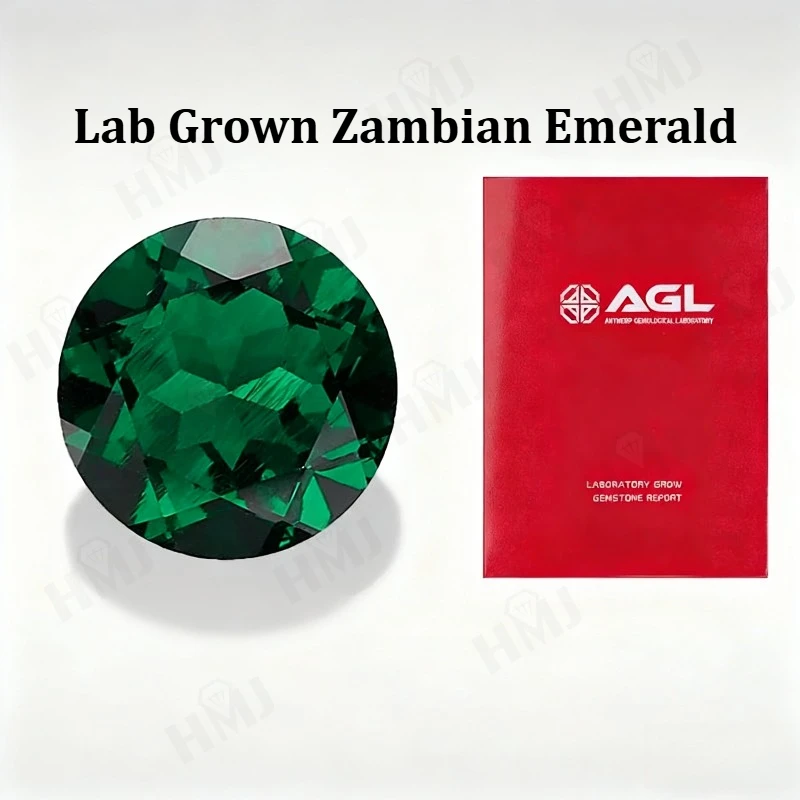 

Lab Grown Zambian Emerald Gemstones Round Shape Hydrothermal Hand Cut with Cracks Inclusions Inside Selectable AGL Certificate