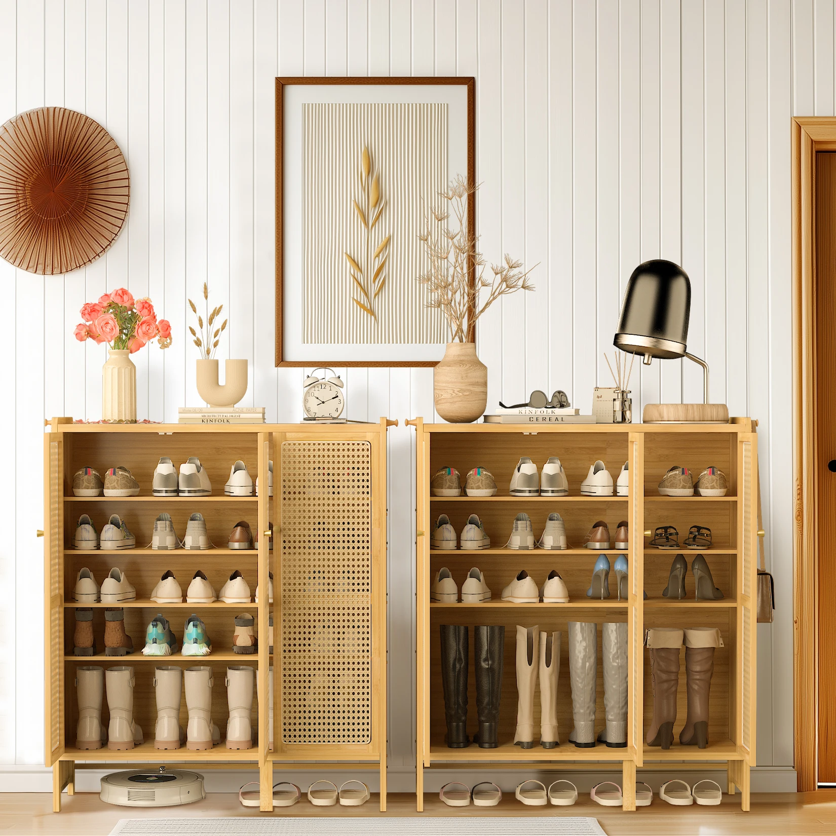 Bamboo Shoe Cabinet 20 Pairs Shoe Storage Organizer Cabinet 3 Hollow Doors 6 Tier Storage Shelves for Entryway, Hallway, Closet