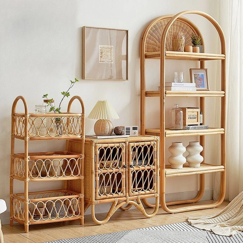 Handmade rattan creative bookshelf, floor to ceiling shelf, multi-layer home storage rack