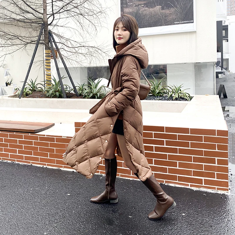 Luxury Women Hooded down jacket with belt Winter Camel Hooded Long puffer coat Parks Zipper Outwear Fashion  INKEO 2O196