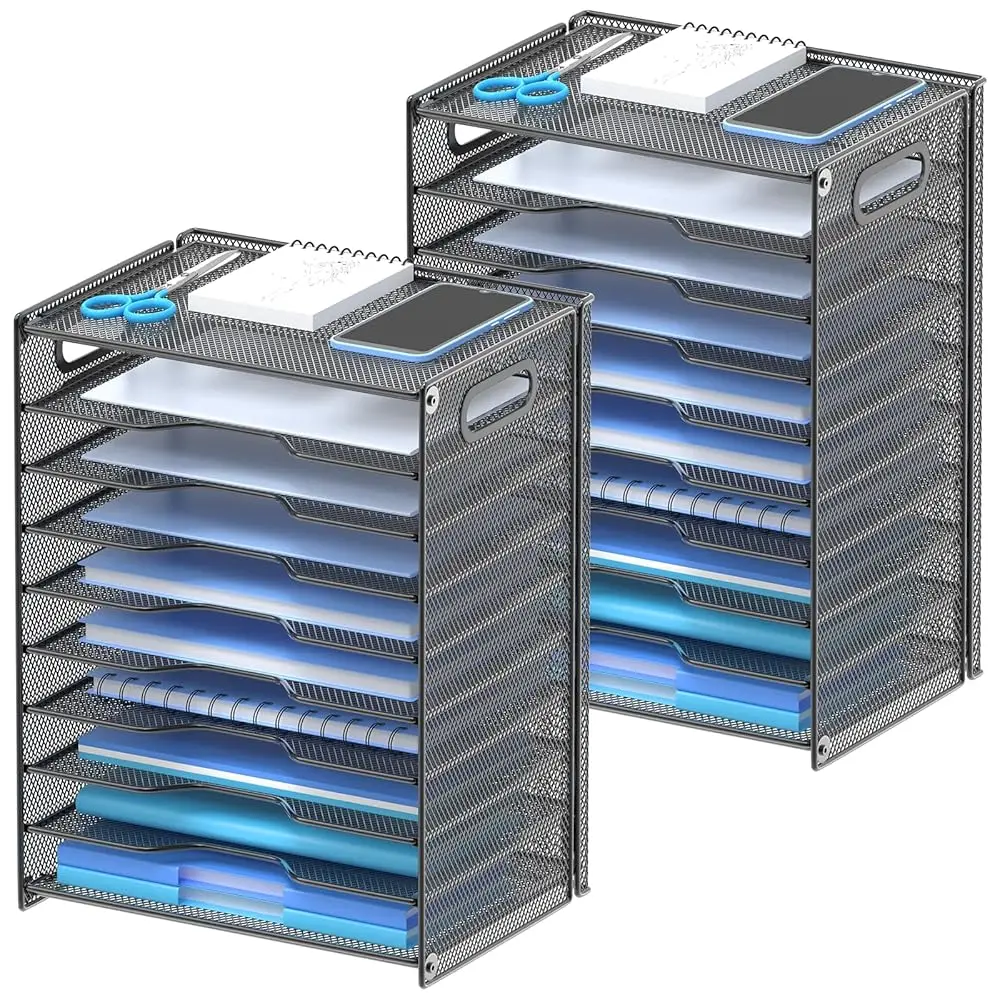 

Органайзер для бумаг на 10 ярусов - сетчатый настольный органайзер для файлов с ручками для офиса и школы, черный, 2 штуки в упаковке