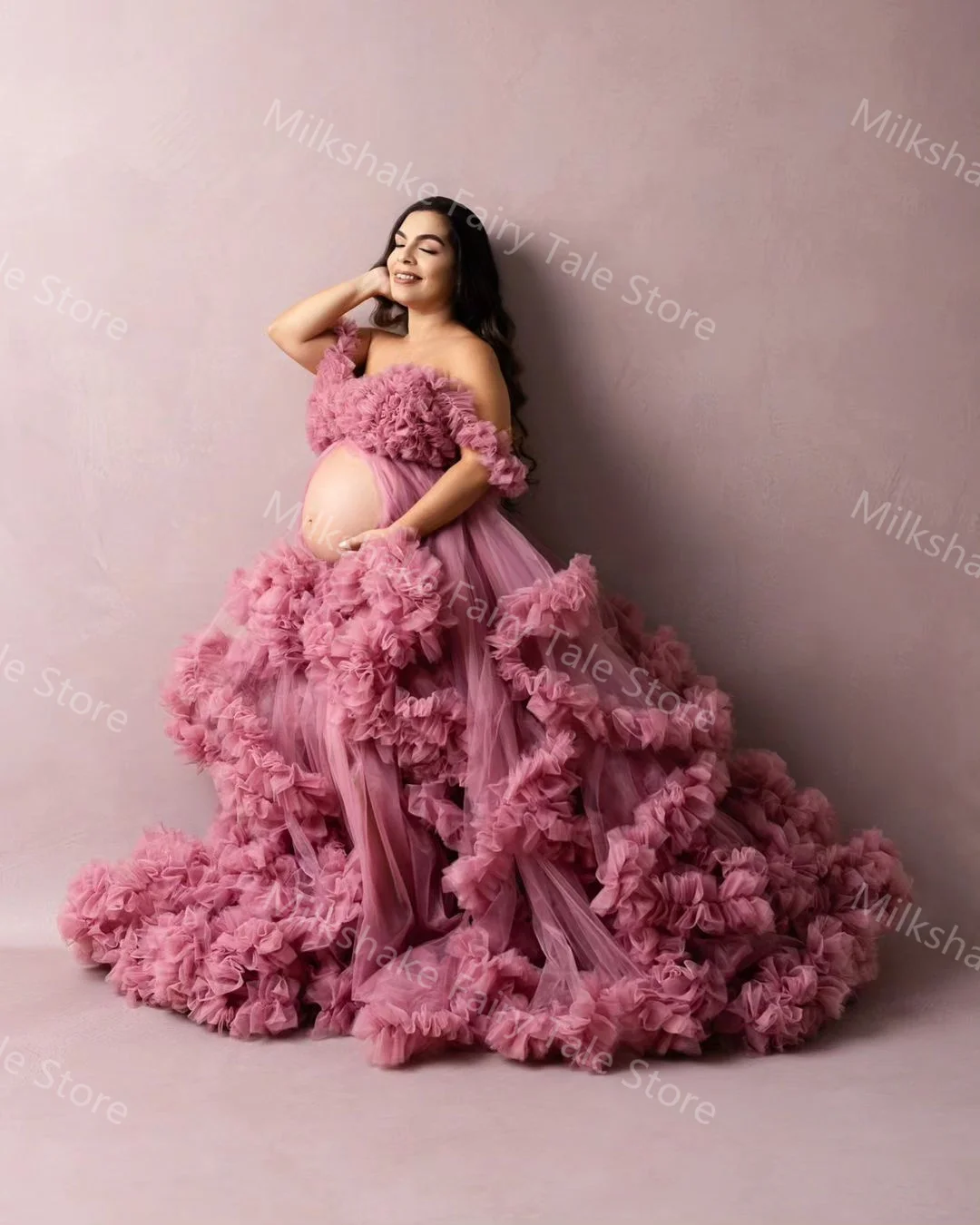 Abiti premaman rosa gonfi per la fotografia con spalle scoperte e volant a strati Abiti da gravidanza per donna Abiti da baby shower personalizzati sexy