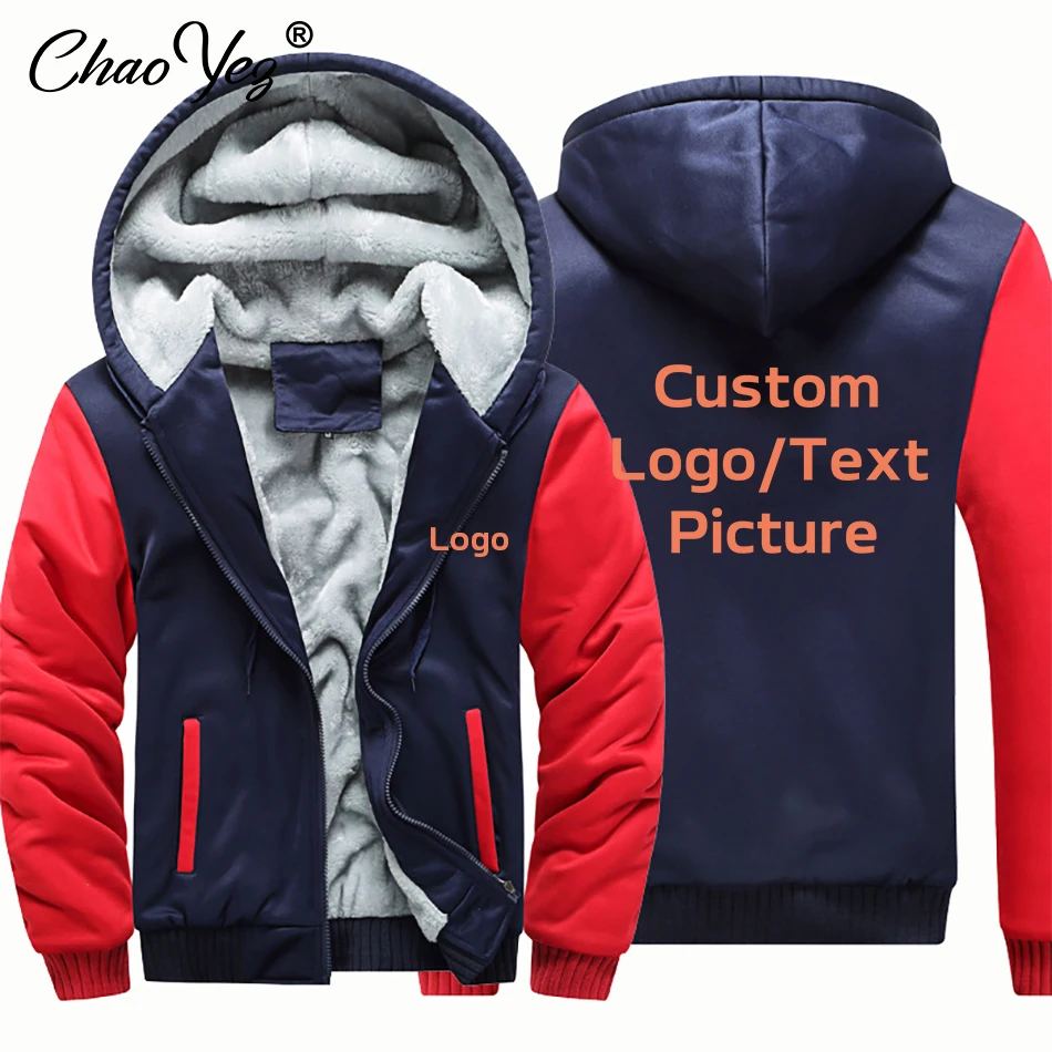 Custom Logo Men's Jacket Thicken Winter Jackets for Men Fleece Long Sleeve Coat Man Casual Hoodies Streetwear Men's DIY Coats