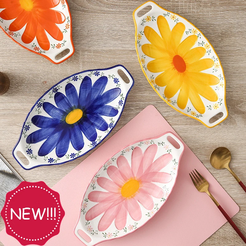 Ceramic Plate Painted Flower Plate With Two Handel, Grilled Fish Platter, Ovens Available, Fruit Tray,  12inch