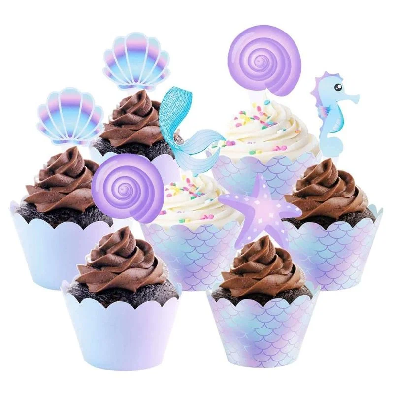 

20Pcs Cupcake Toppers and 20Pcs Wrappers for Mermaid Theme 1st Birthday Party Supplies Baby Shower Wedding Cake Decorations