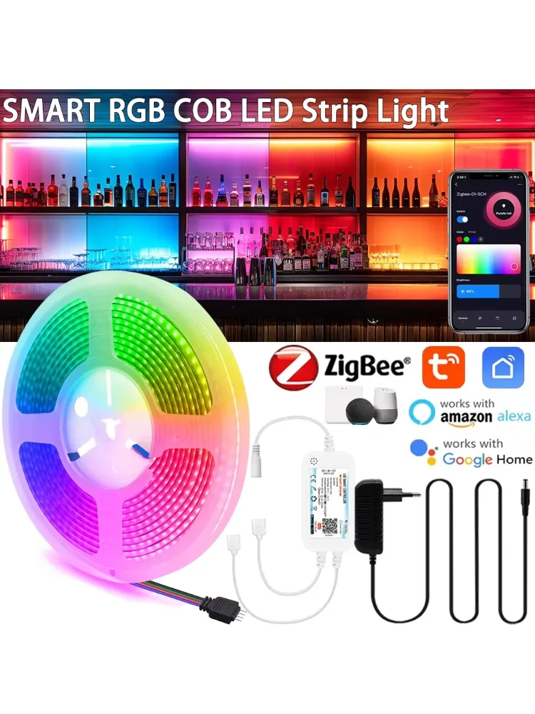 Bande lumineuse LED COB RGB Zigbee3.0 5M 10M 24V 840leds/m Bande lumineuse LED flexible Décoration intérieure Application Tuya Zigbee pour Alexa Google