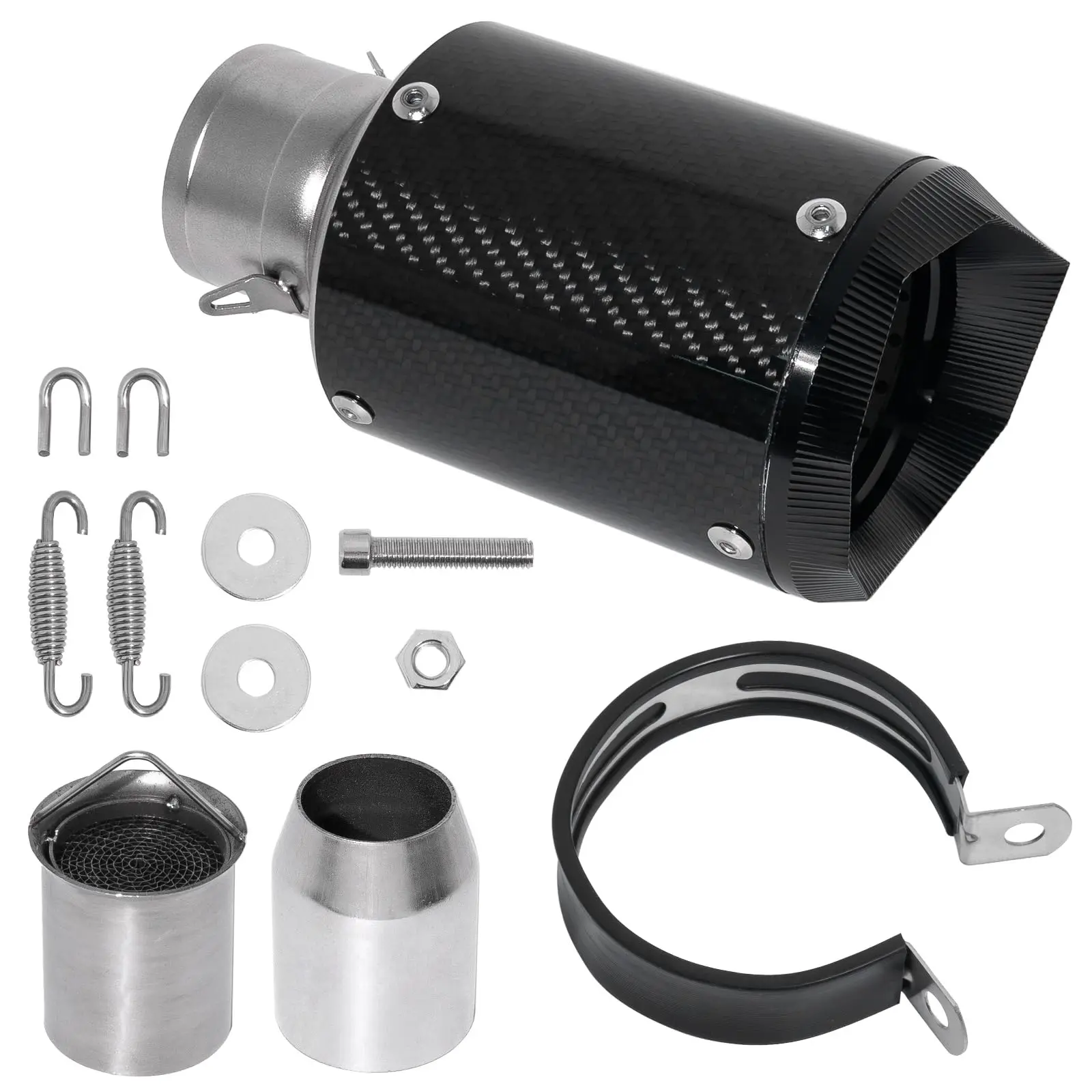 

Universal 2 Inch 51mm Carbon Fiber Motorcycle Slip-On Exhaust Muffler With Heat Resistant Black Finish And Installation Hardware