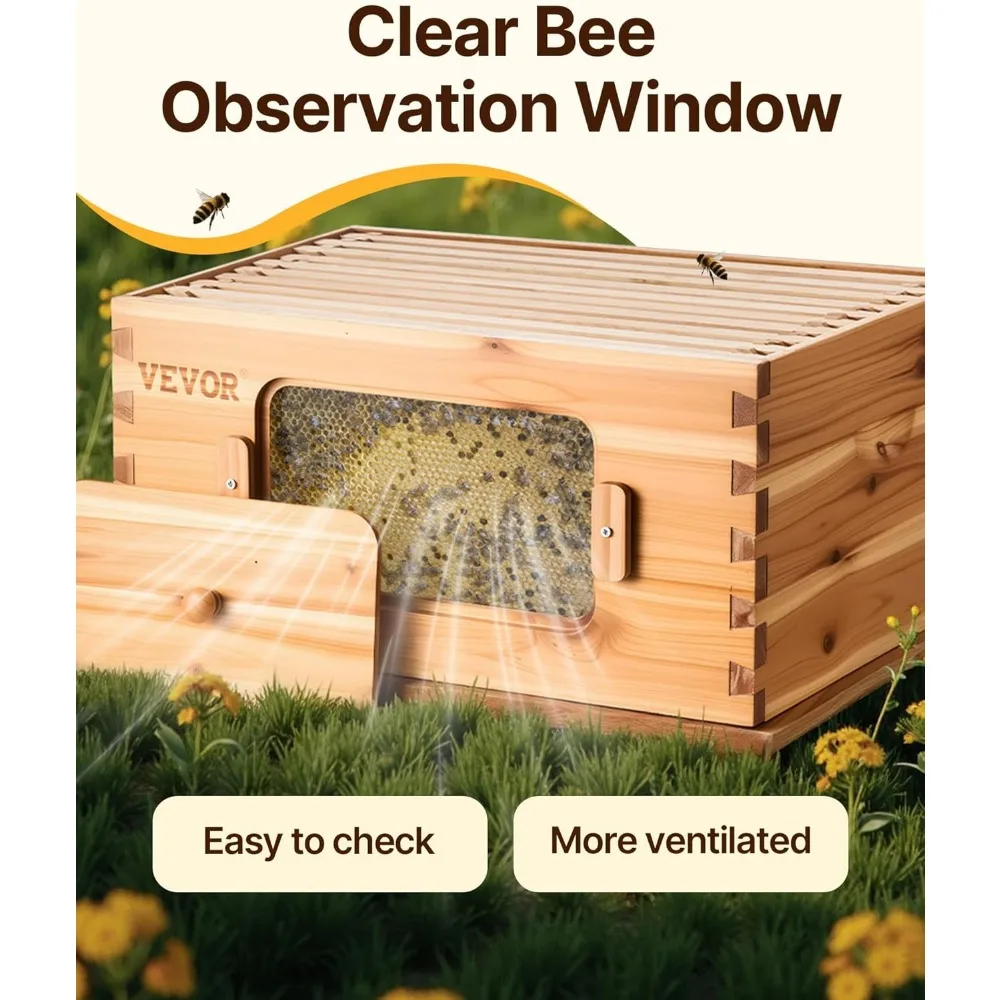 VEVOR Bee Hive 10 Frame Bee Hives Starter Kit، خشب التنوب المطلي بشمع العسل، 2 عميق + 1 صندوق نحل متوسط طقم خلية النحل Langstroth، Tran