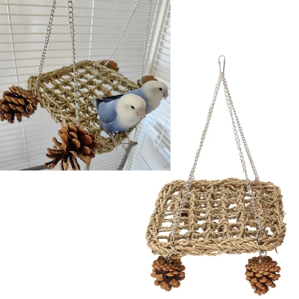 Hand Made Bird Swing Toy Hanging Design Pinecones Included Bird Foraging Toy Chewable Material Woven Texture Parrot Hammock