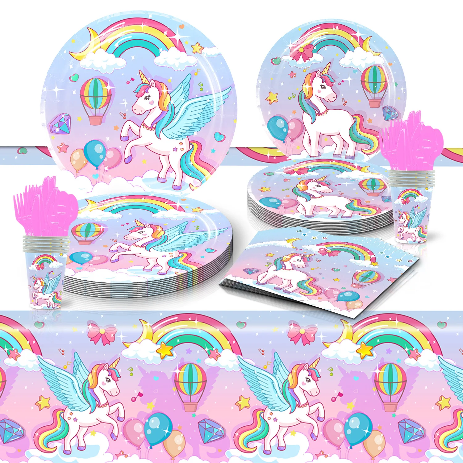 Rainbow Unicorn Girls Birthday Party Disposable Tableware Paper Plates Unicorn Tablecloth Napkins Theme Birthday Party Supplies