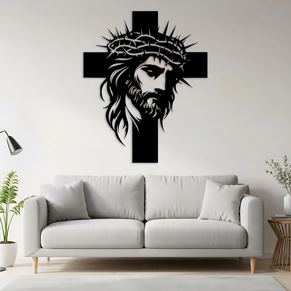 CIFBUY Iron Wall Art Jesus On Cross Crown Of Thorns Metal Waterproof Sculpture For Home Living Room Hanging Decor Religious Gift