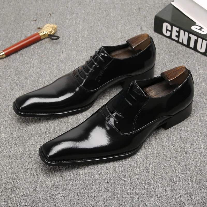 Shiny Leather Pointed Toe Formal Men's Shoes Square Head Host Shoes Business Style Glue Welding Pig Skin Breathable Laces on