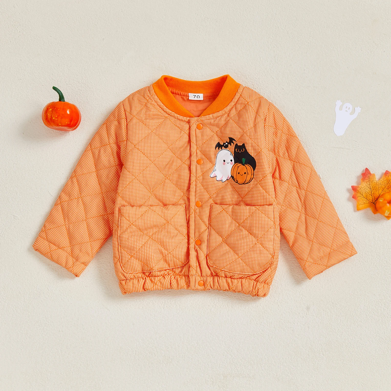 

0-24M Toddler Baby Boy Girl Halloween Coat Ghost Pumpkin Print Long Sleeve Button Down Stand Collar Quilted Jacket with Pockets