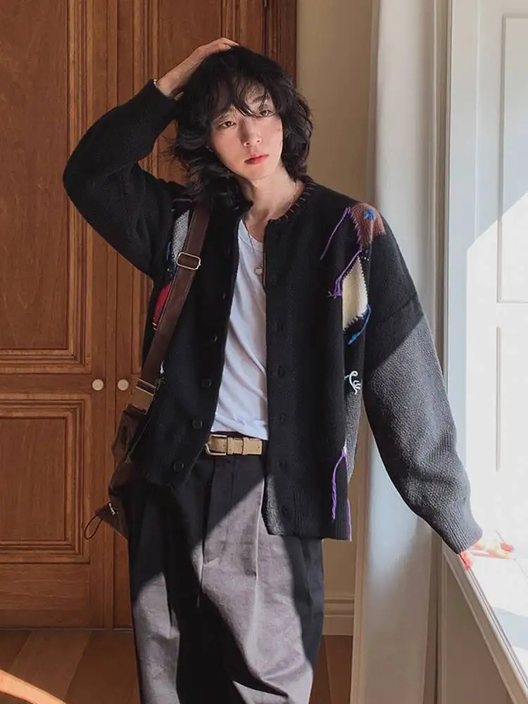 

SYUHGFA мужской кардиган в корейском стиле контрактного цвета с ромбовидным узором и круглым воротником, повседневные вязаные топы, свободные простые мужские свитера