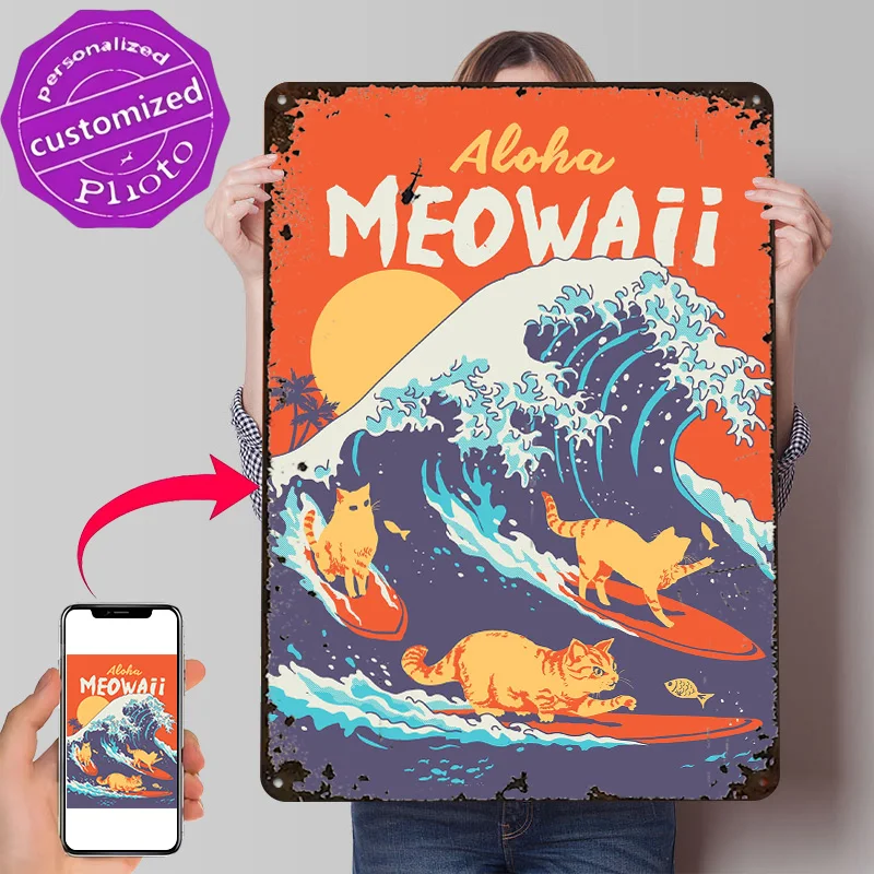 Aloha Meowaii Cats Surfing Personalized 3D Textured Metal Poster Wall Art Tinplate Sign for Luxury Decoration Home Decor Items