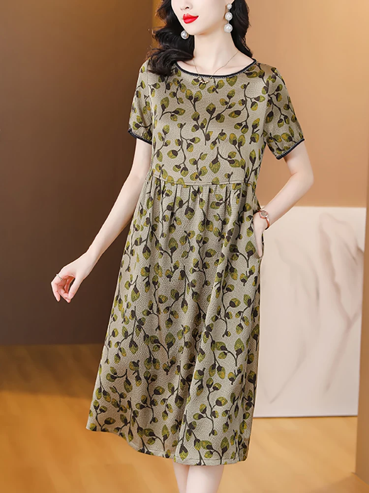 

Summer Luxury Silk Short Sleeve Print Casual Midi Dress Women Chic Elegant Loose Waist Prom Clothes 2024 New Features of Dresses