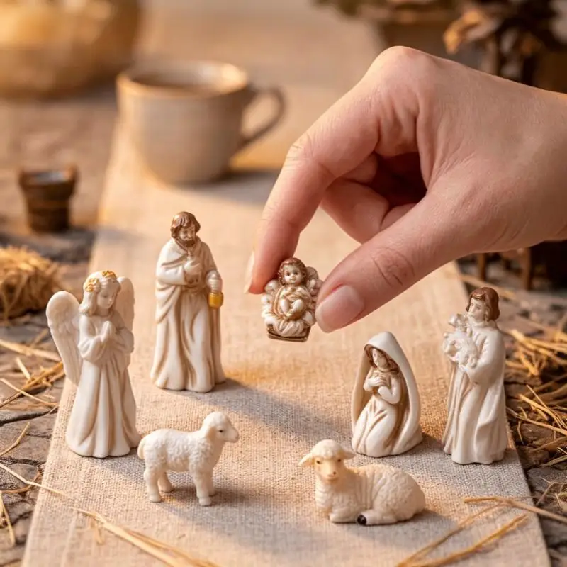 8Pcs Small Resin Nativity Scene Vintage Set Handmade Fine Details DIY Dollhouse Decor for Religious Holiday Gift