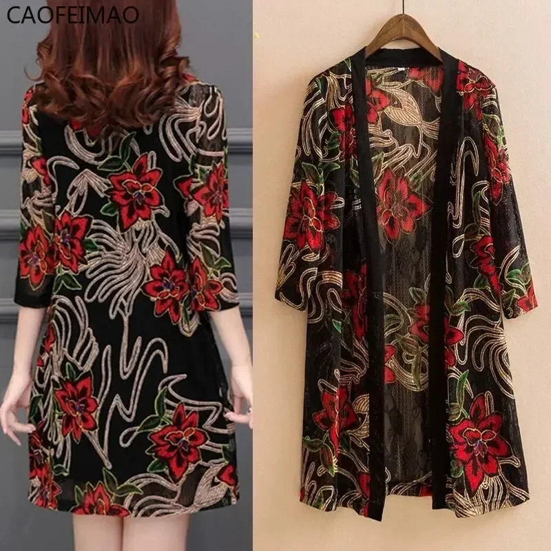 

Caofeimao 2023 Summer Women's Lace Cardigan Printed Mid-length Shawl Thin Middle-aged Women Air-conditioned Shirt Jacket